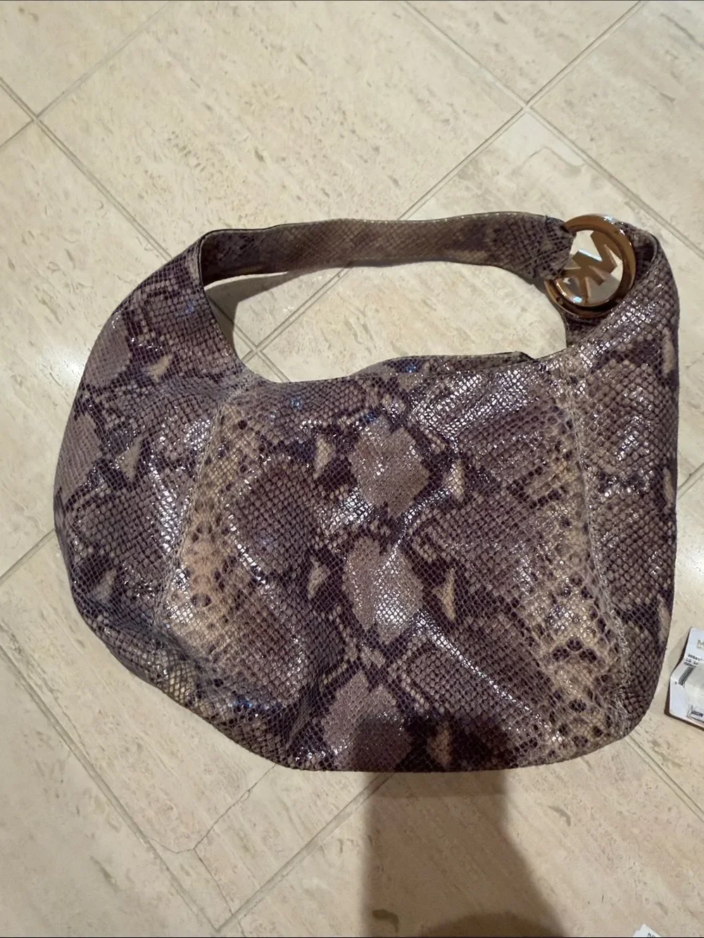 Michael Kors Brown Taupe Snake-Print Shoulder Bag with Gold MK Accent